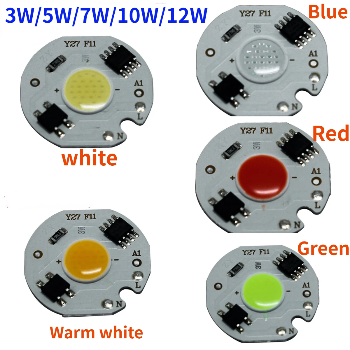 Bombilla de lámpara de controlador IC inteligente de 1-10 piezas, fuente de luz roja, verde y azul, 3W, 5W, 7W, 10W, 12W, Chip LED COB, AC110V/ 220V para foco de luz DIY