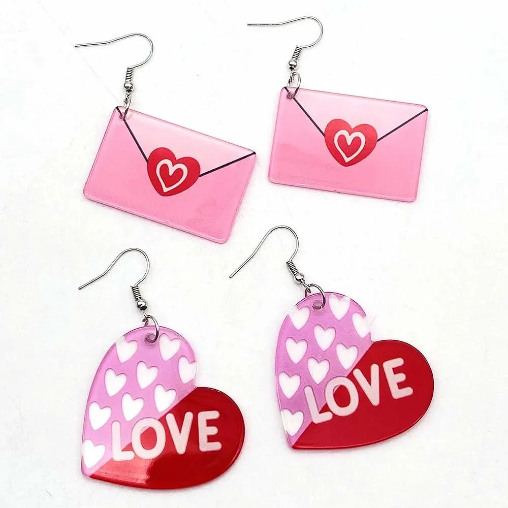 Pink Heart Drop Earrings for Women Cute Love Envelope Acrylic Heart Dangle Earrings for Girls Valentine’s Day Gifts