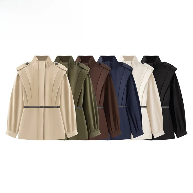 Fashionable Autumn Winter Belted Stand Collar Women's Jacket Versatile Outerwear Polyester Fiber Long Sleeve Standard Fit