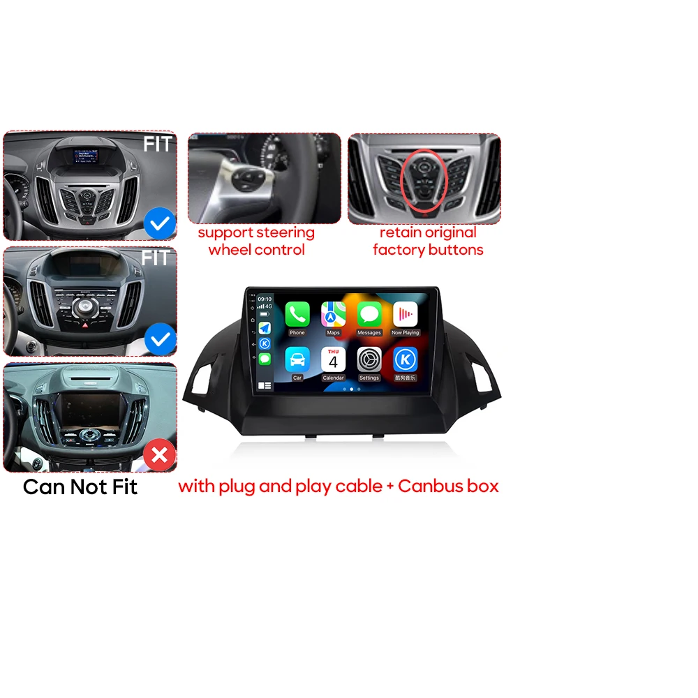 Android 16 – samochodowy odtwarzacz multimedialny do Forda C-MAX, Kuga 2, Escape 3 (roczniki 2012–2019) – obsługa Carplay, GPS, Wi-Fi, stereo, Bluetooth, połączenie bezprzewodowe, 5G, 4G, AM. — 2