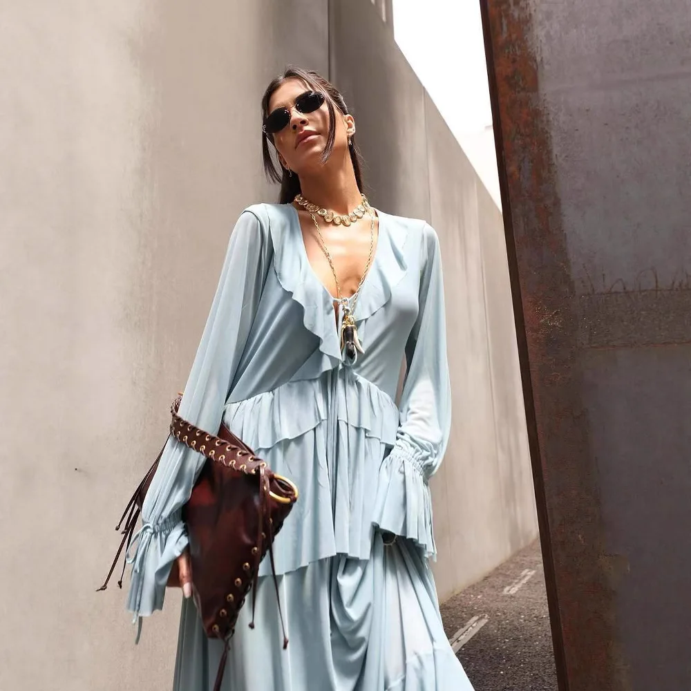 

Autumn Women's 2 Piece Outfit Ruffle-Trimmed Lace Up Flare Sleeve Blouse For Female Elastic Waist Long Pleated Lady's Skirt