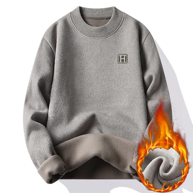 

High Quality Fleece Lined Thickened Versatile Sweater Men's Long Sleeve Knit Pullover Sweater Autumn Winter Thermal Warm Sweater