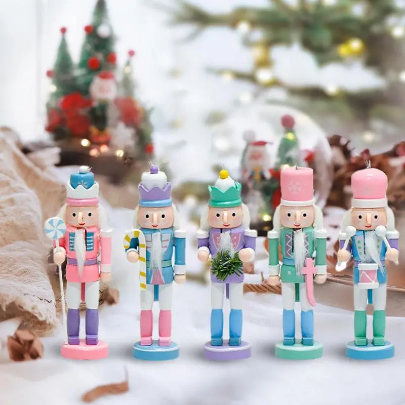 Wood Nutcracker Figurine Christmas Wooden Soldier Set Of 5 Candy Color 5Inch Nutcracker Figures Nutcracker Soldier Doll