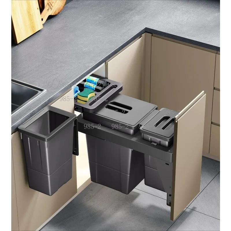 Built-in Double Compartment Kitchen Trash Bin, Hidden Drawer Style Large Capacity Waste Garbage Bin