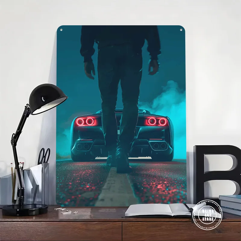 Man and Sports Car Poster Customized Vintage Metal Signs Wall Art Retro Tin Plaque for Fans Room Decoration Garage Decorations