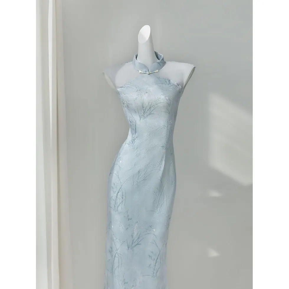 

Summer Chinese Style Blue Sleeveless Improved Cheongsam for Young Girls Sexy Daily Wear Dress Вечерние Платья Qipao CH-086