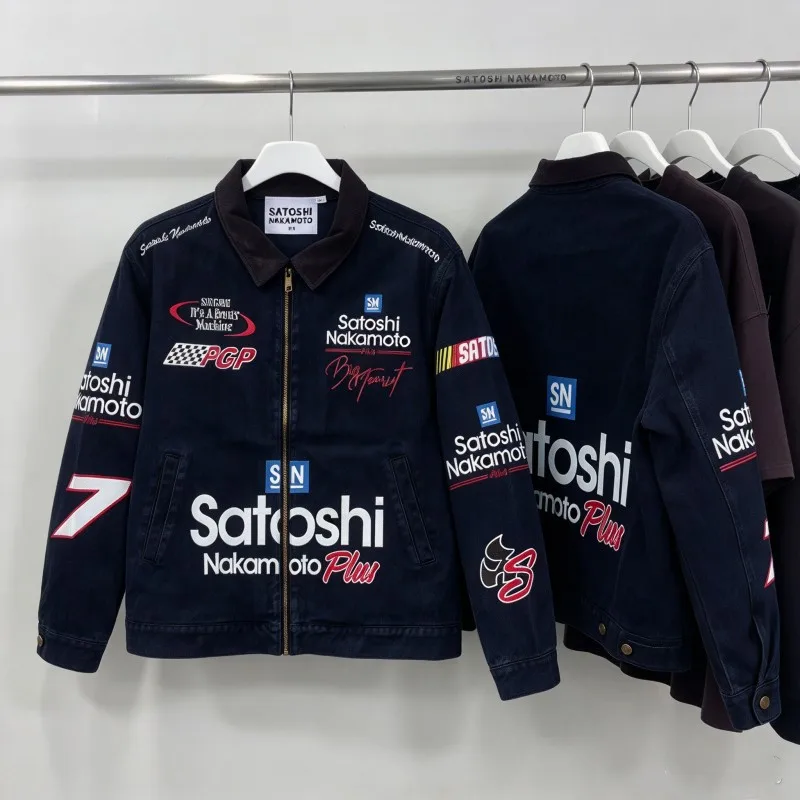 XXXL Washed Blue SATOSHI NAKAMOTO Coats Retro Hip-hop Workwear Street Cleanfit Racing Corduroy Collar Zipper Jacket Men Women
