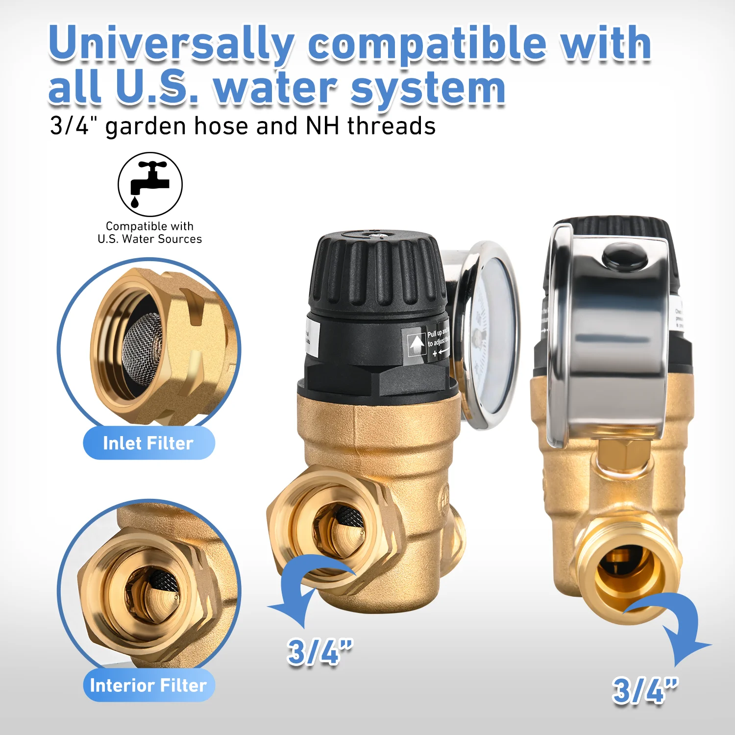 Nilight RV Water Pressure Regulator for RV Camper, Adjustable Handle Water Pressure Regulator Valve with Gauge and Inlet Screen Filter, Brass Lead-free Reducer Valve Filter for Camper Travel Trailer