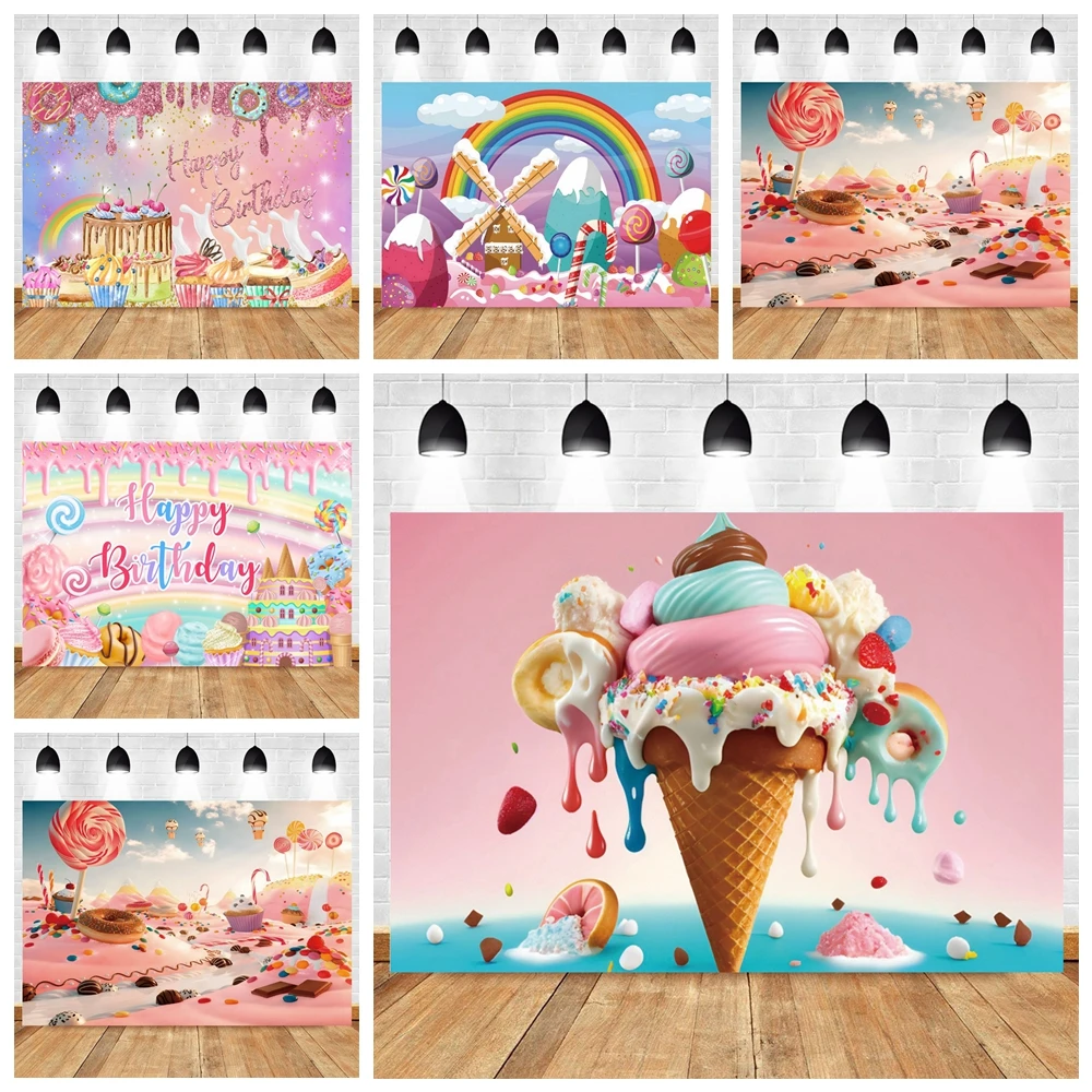 Rainbow Candy Theme Background Cartoon Lollipop Sweet Donut Candy Photography Background Children Birthday Party Decoration