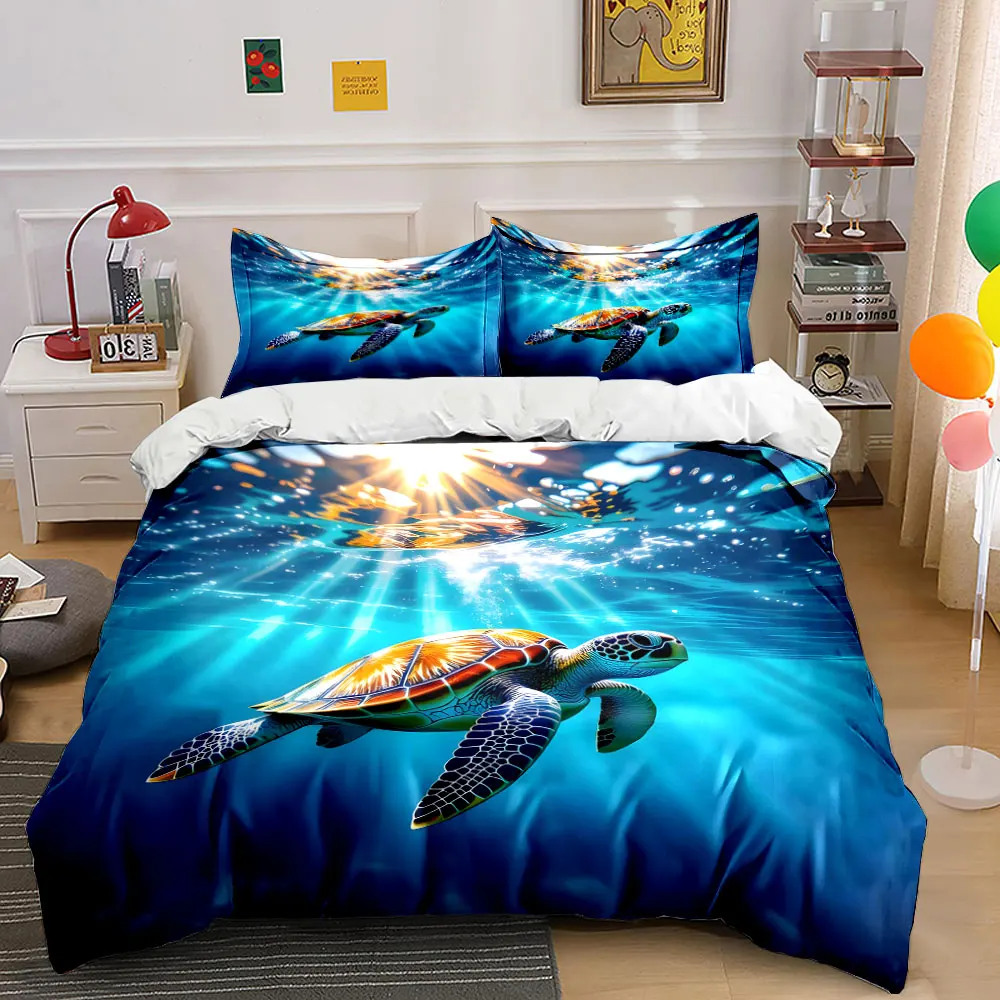 Colorful sea turtle swimming under sunlight Print Bedding set 3PC 1 duvet cover 2 pillowcases adult and children bedding set