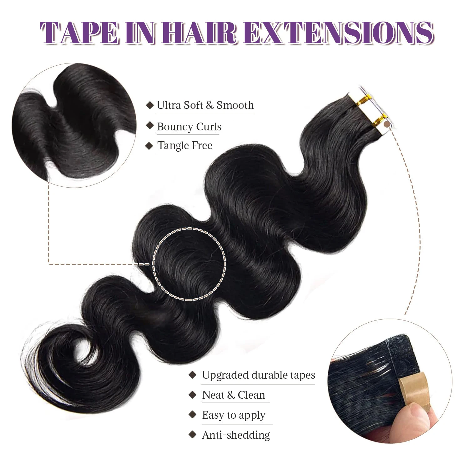 Body Wave Tape In Hair Extensions Human Hair Wavy Tape In Extension 20/40Pcs Per Pack Natural Black Invisible Tape Ins Extension