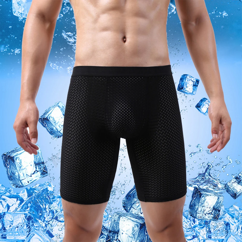 Elevate Your Underwear Collection Men\'s Long Leg Shorts with Ice Silk Mesh Fabric and Breathable Features