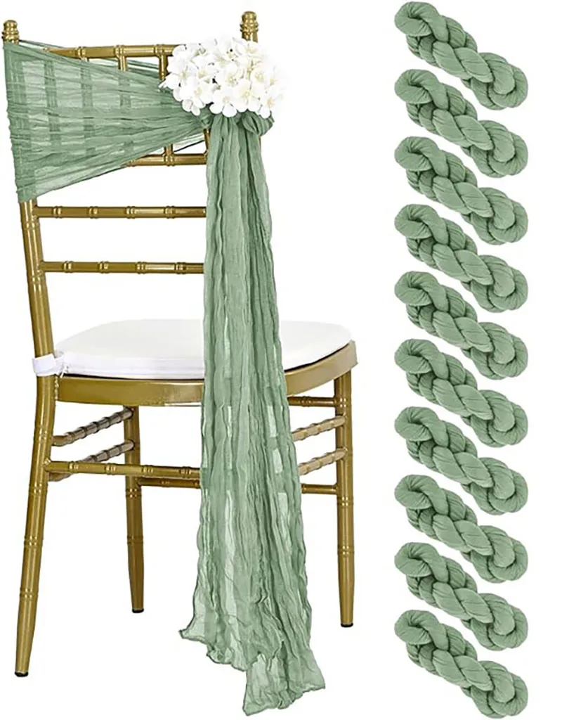 

10pcs Sage Green Cheesecloth Chair Sashes Rustic Bowknot Designed Chair Cover for Wedding Banquet Party Chair decor 90X180cm