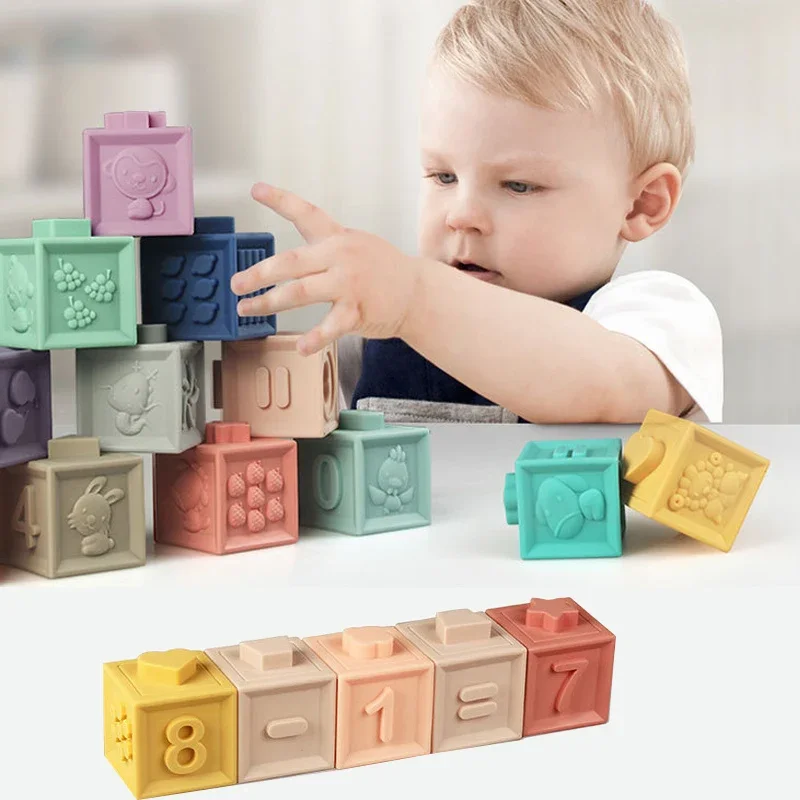 Block Toy Soft Silicone Stacking Tower Soft Cubes Bath Teether Rattles Building Blocks Toddlers Montessori Educational for Kids