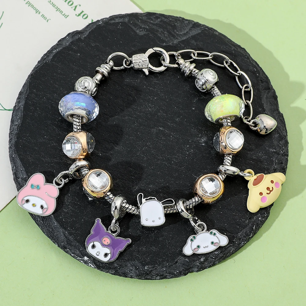 Anime Sanrio Bracelet Cartoon Figure, Kuromi Melody, Cinnamoroll, Metal Beads, DIY Pendant, Kawaii Jewelry