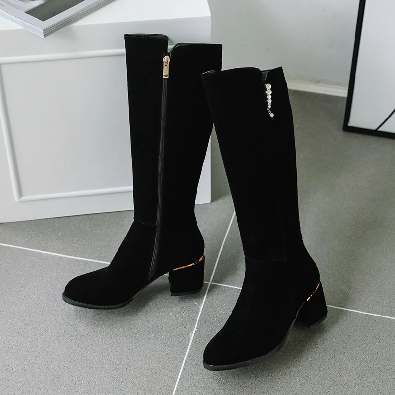 REAVE CAT Spring Autumn Knee High Boots Suede Round toe Rhinstone Female 2022 Chunky Heels Small Big 32-52 S2410