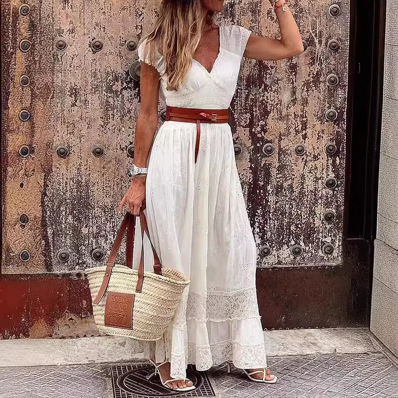 فستان نسائي طويل غير رسمي بلون سادة فستان صيفي مفرغ من الدانتيل ماكسي فيستدوس أنيق صيفي للحفلات المسائية فساتين فيستدوس