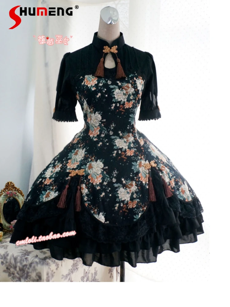 

Chinese Style Sweet Cute Lolita Dresses Lace Tassel Buckle Stand Collar Short Sleeve Ordinary Printed Back Lace-up Dress Women