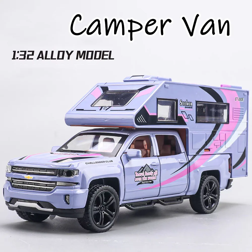 

1:32 Camper Van Cartoon Bear Caravan Alloy Models Cars Diecast Toy Light Music Doors Opened Miniature RV Vehicle Children Gifts