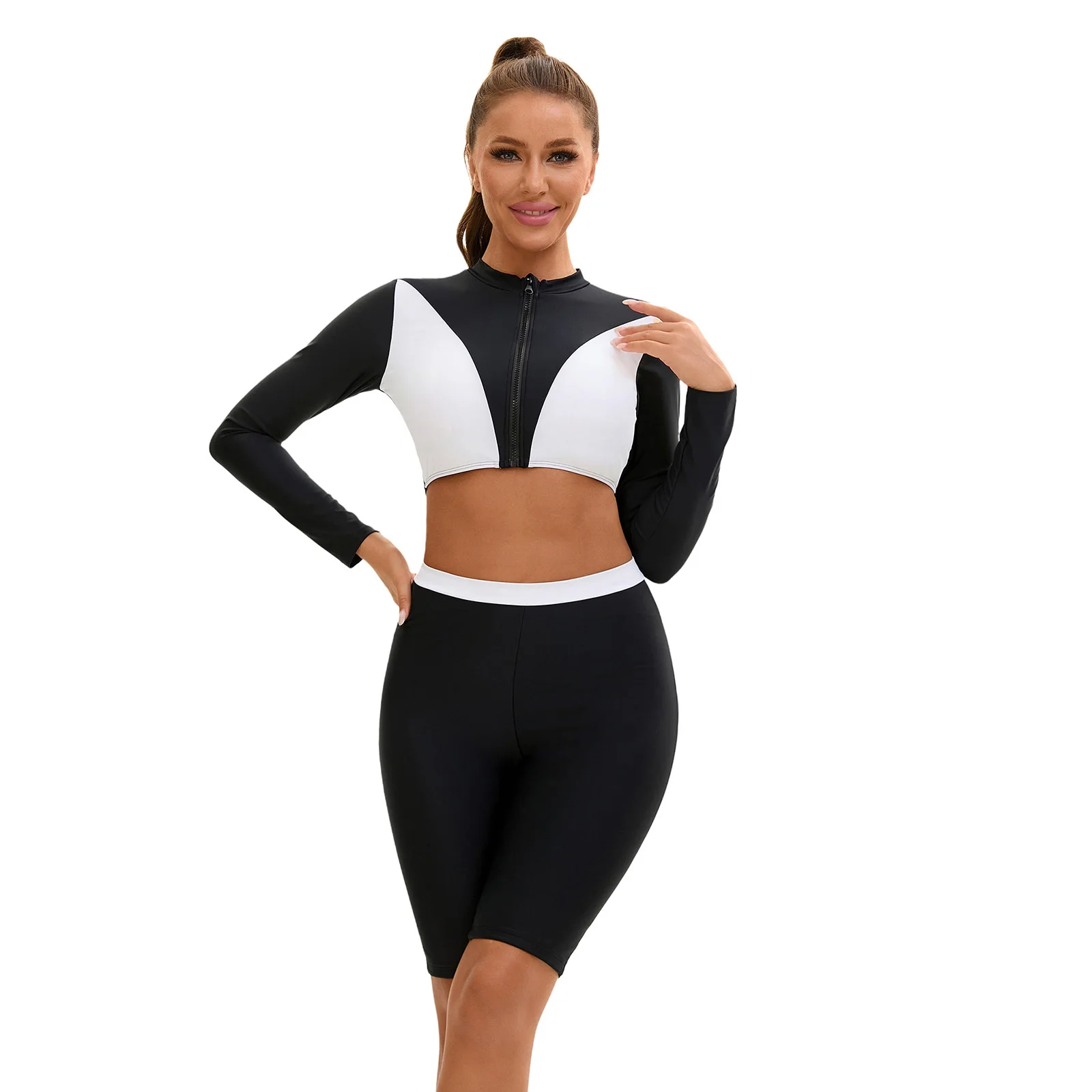 Women 2 Pieces Swimsuit Bathing Suits Long Sleeve Rash Guard Short Top with Shorts Set for Beach Pool Swimming Diving Activities