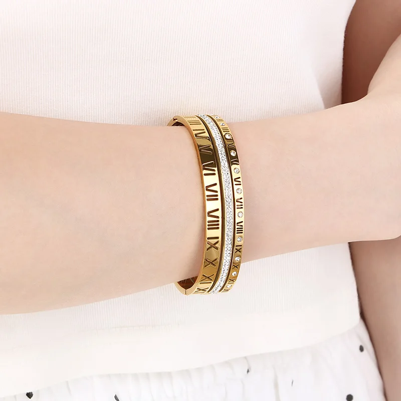 Fashion Roman Numerals Stainless Steel Cuff Hollow Bangle For Women Three Layer Gold Silver Color Charm Wedding Bracelet Jewelry