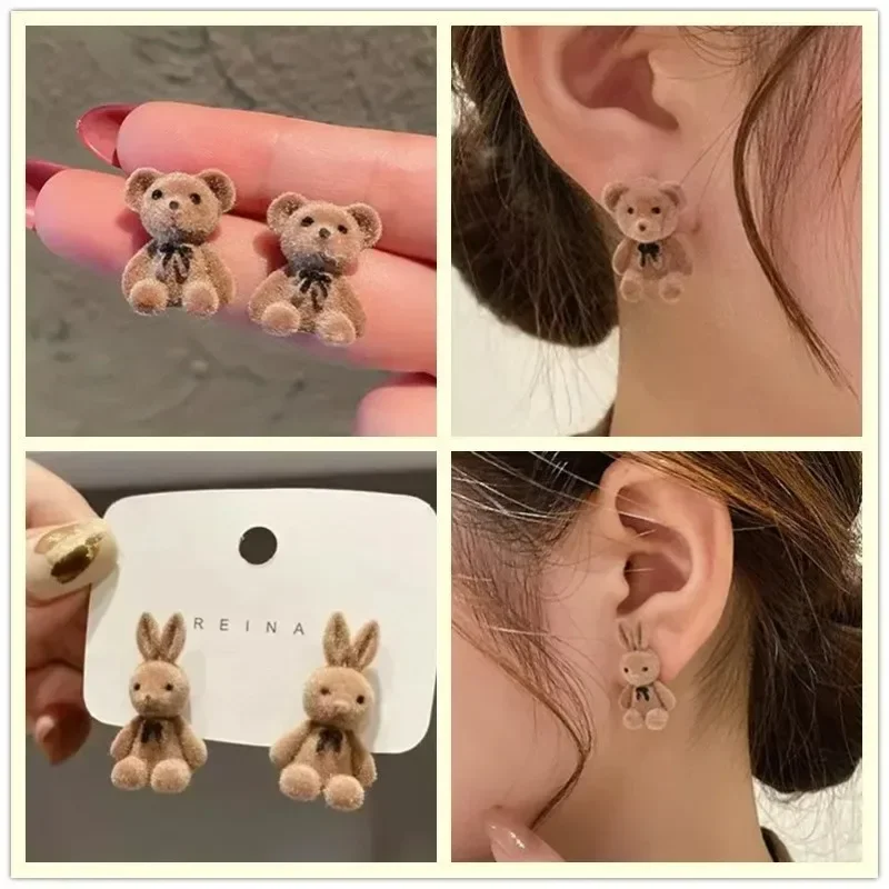 New Fashion Designe Cute Flocking Plush Rabbit Stud Earrings for Women Vintage Brown Animal Bear Earring Punk Jewelry Girls Gift