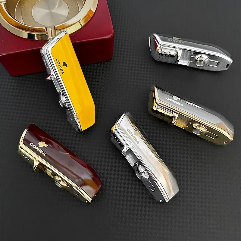 Cohiba Cigar Windproof Metal Lighter 3 Jet Blue Flame Gas Torch Butane Cut Lighter Sharp Cigar Accessory with Gift Box