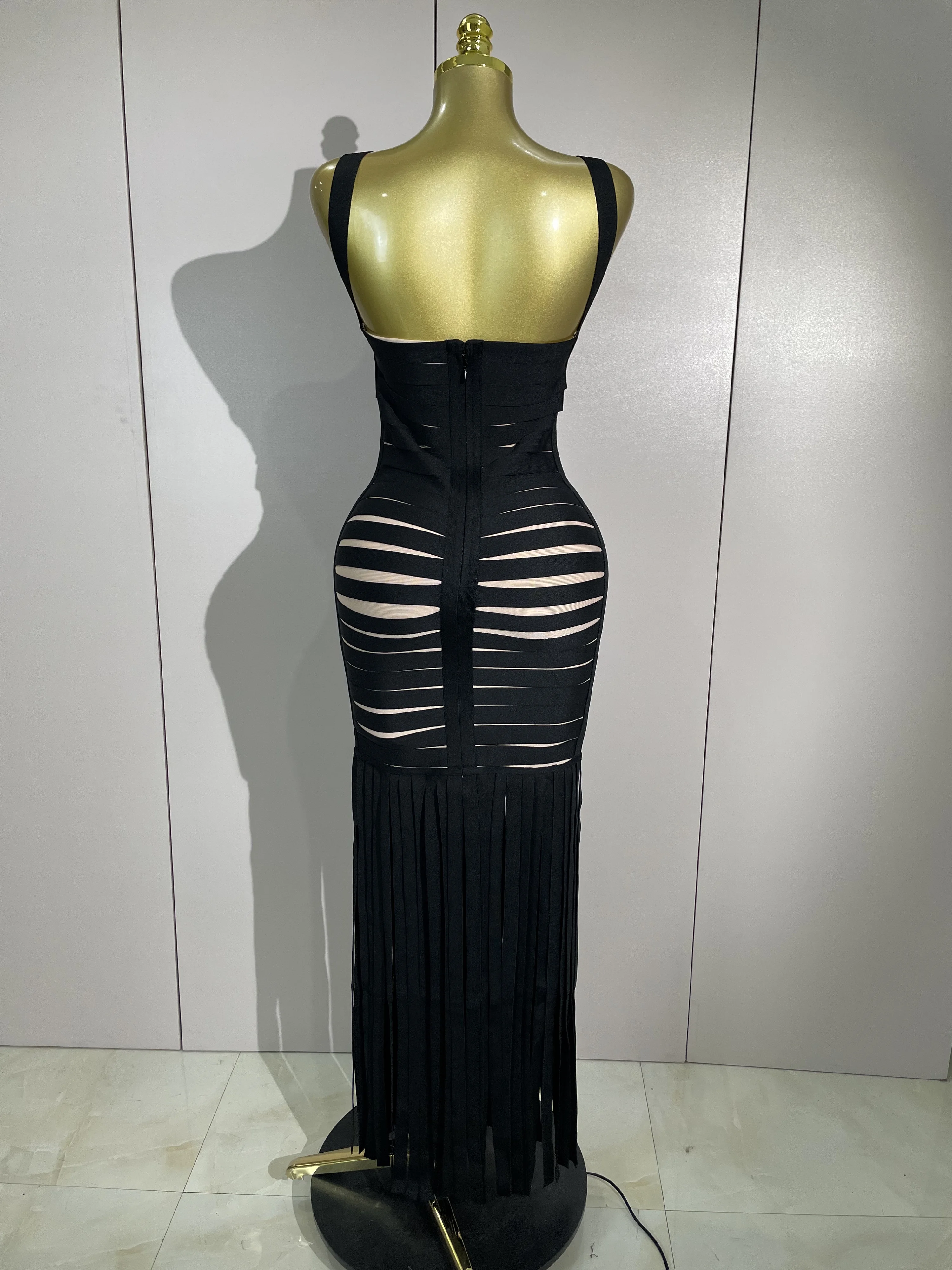 Alta qualidade preto halter quadrado pescoço borla bandage vestido elegante feminino festa de noite baile de aniversário moda clube cocktail vestido