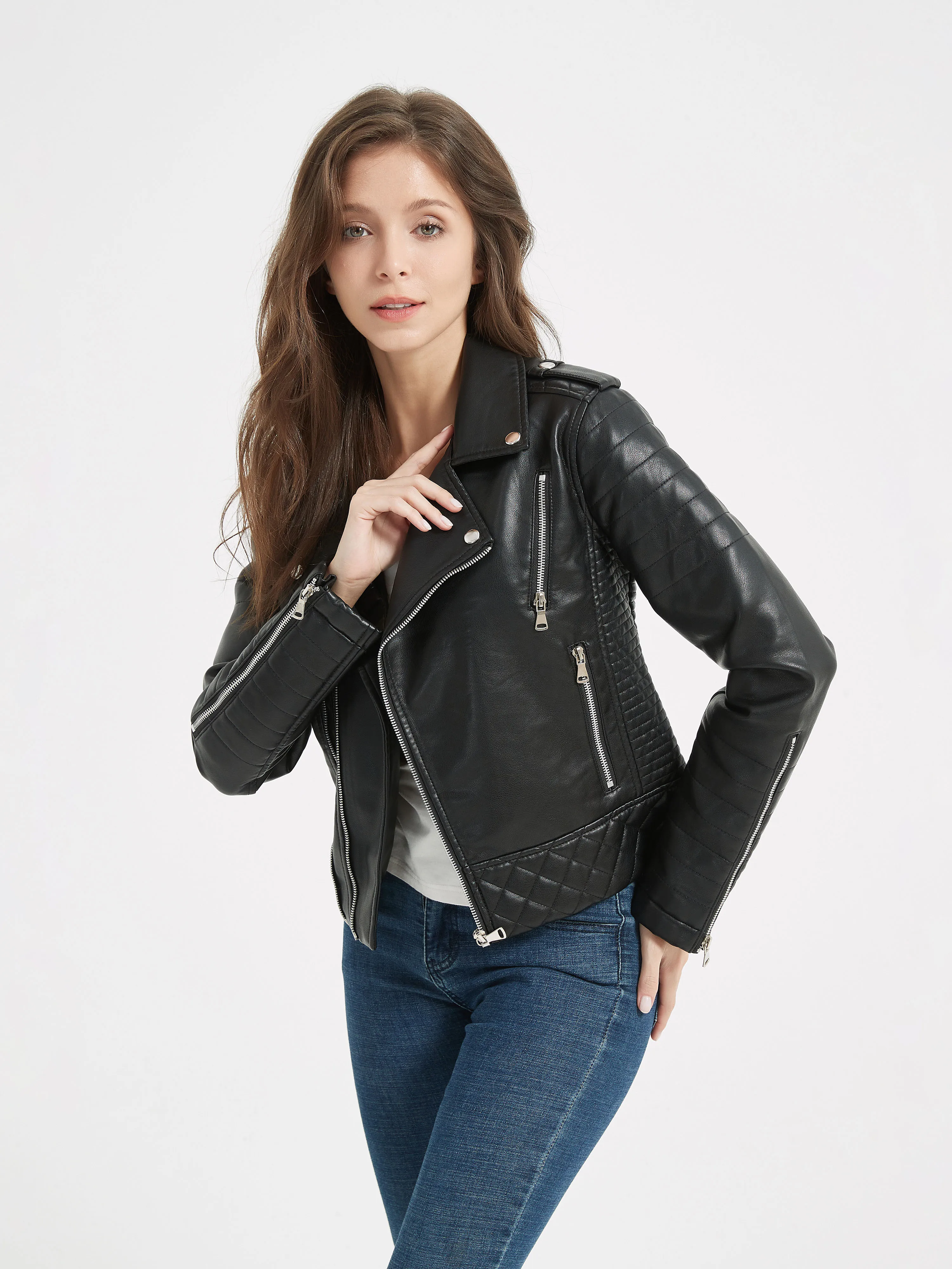 Veste courte en similicuir PU pour femme, manteau de motard en relief, vêtements d'extérieur à fermeture éclair pour femme, revers, printemps, automne, nouveau, 2024