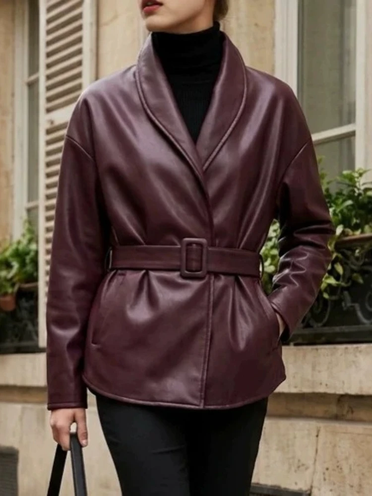 New Style Slim Belt PU Jacket Autumn and Winter Women Trend Soft Warm Windproof Stand Collar Outdoor Travel Casual Jacket