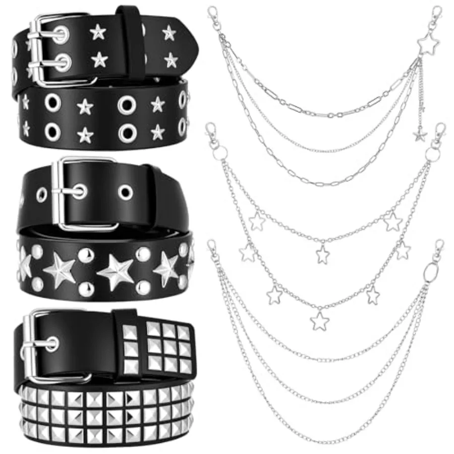 

3 Pcs Black Studded Y2K Belt Punk Star Gothic Rock Belts 3 Pcs Chain Belt Jeans Pants Pocket Waist Multi-Layer Hip Hop Metal Pa