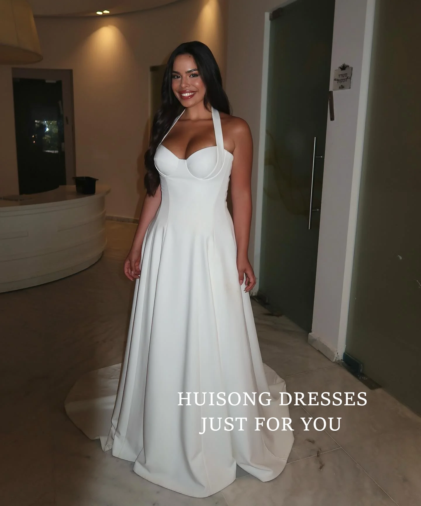 

HUISONG Customized свадебное платье Satin Wedding Dresses Sleeveless A-Line Beach Bridal Gown שמלת כלה