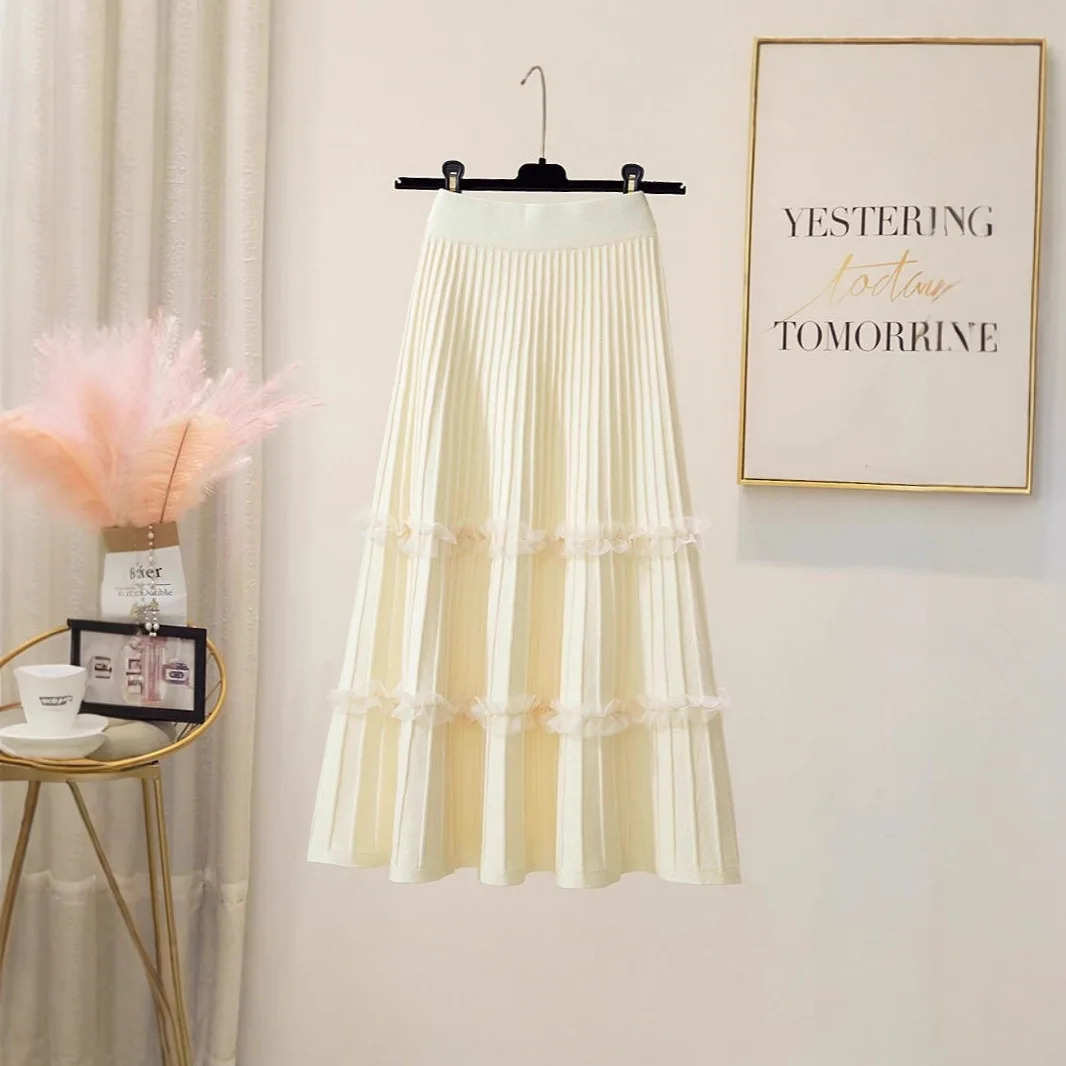 Women's Pleated Skirt Autumn Winter High Waist Umbrella Skirt Covering Flaws Mid-Length Knitted Skirt Mesh Splicing A-Line Skirt