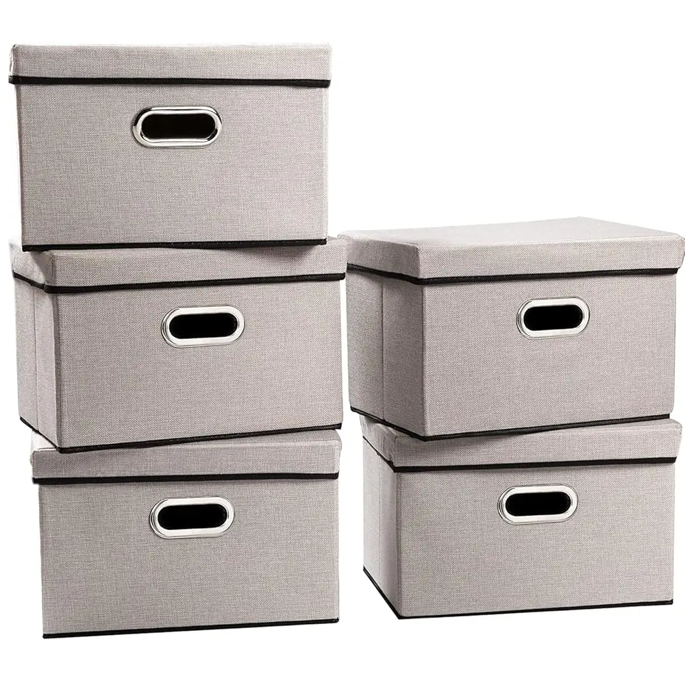 

Foldable Storage Bin With Lid [5-Pack] Linen Fabric Decorative Storage Box Organizer Container Basket Cube With Handles Divider