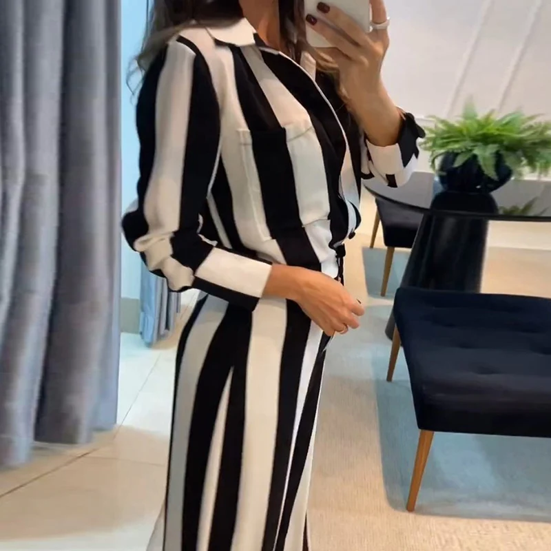 Autumn Fashion Stripe Women\'s Two Piece Sets Casual Turn-down Collar Button Shirt and Long Pants Suit New Loose Commuter Outfits