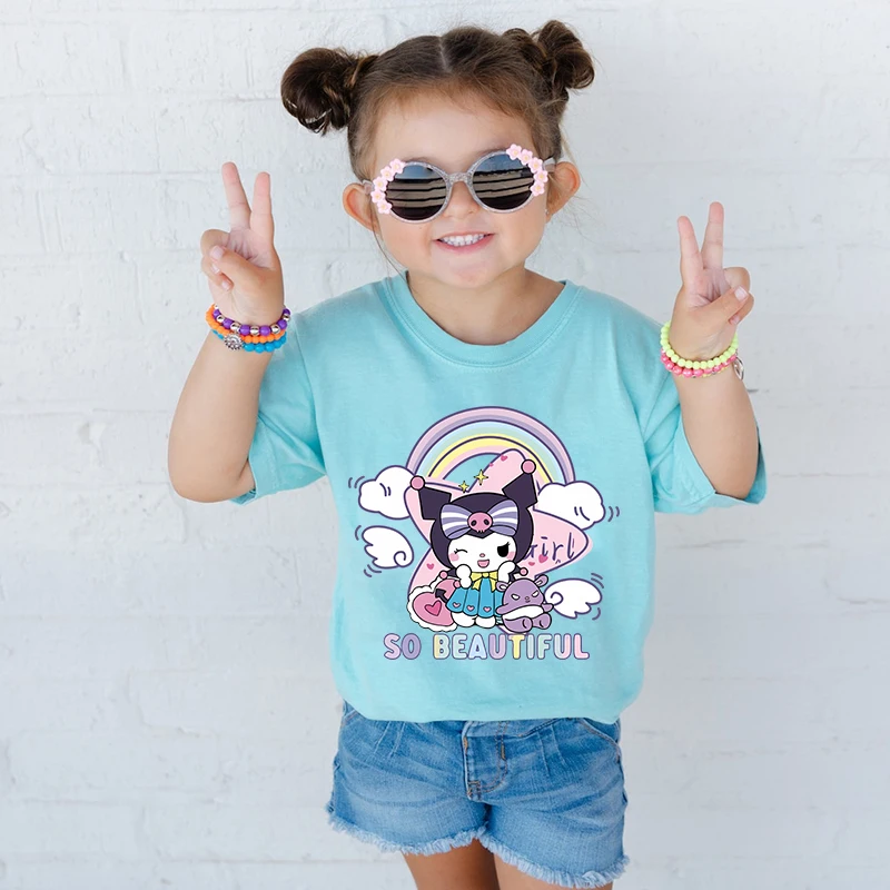 Kuromi Printed Kids T-shirt Summer Children's Cotton Short Sleeve Blue Casual Top Suitable for Boys and Girls