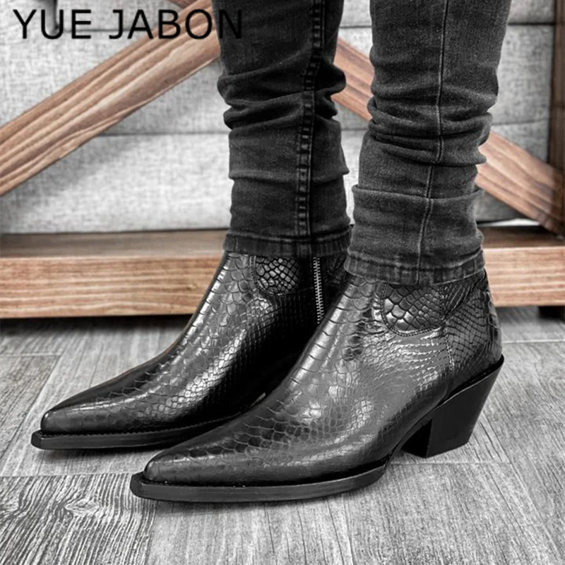 Black New 6cm heel top designer high top shoes king Serpentine cowhide Chelsea western Men Boots Real Leather winter Shoes