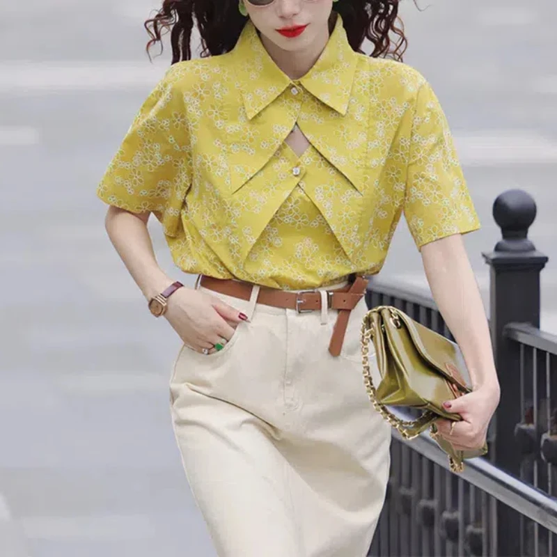 Turn-down Collar Flower Printing Button Short Sleeve Contrast Color Cardigan Hollow Out Shirt Casual Women's Summer Chic Tops