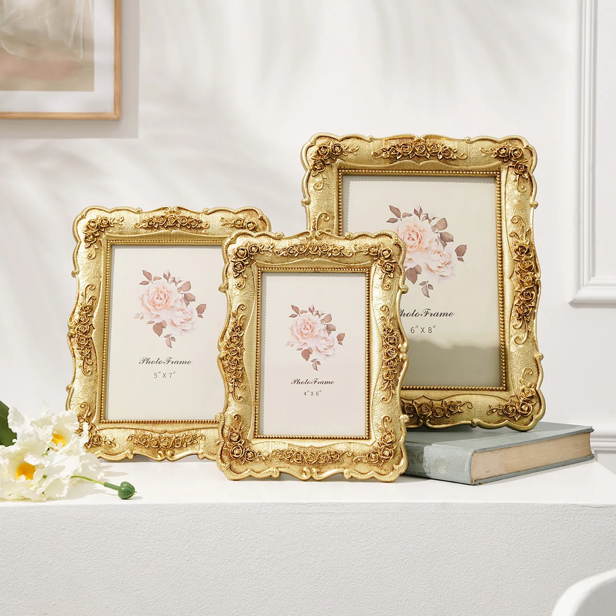 European-style Rectangular Golden Rose Relief Frame