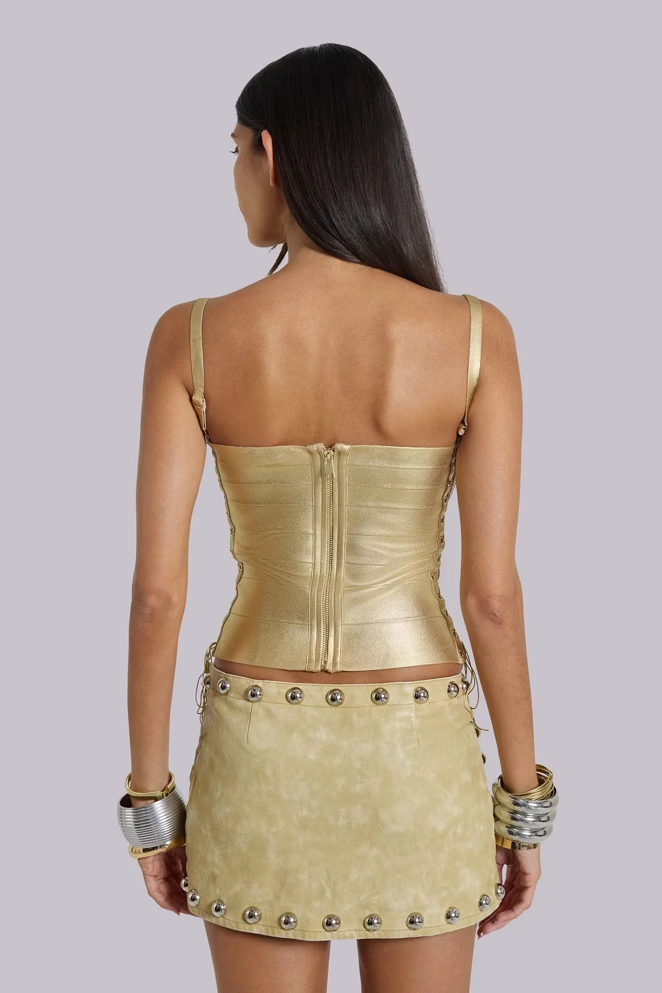 Metallisch Silbernes Spaghetti-Träger-Top mit seitlicher Schnürung, gerafftem Bandage-Korsett und kurzer Cami-Form, Y2 Street Outfit BA536 – Detail 5