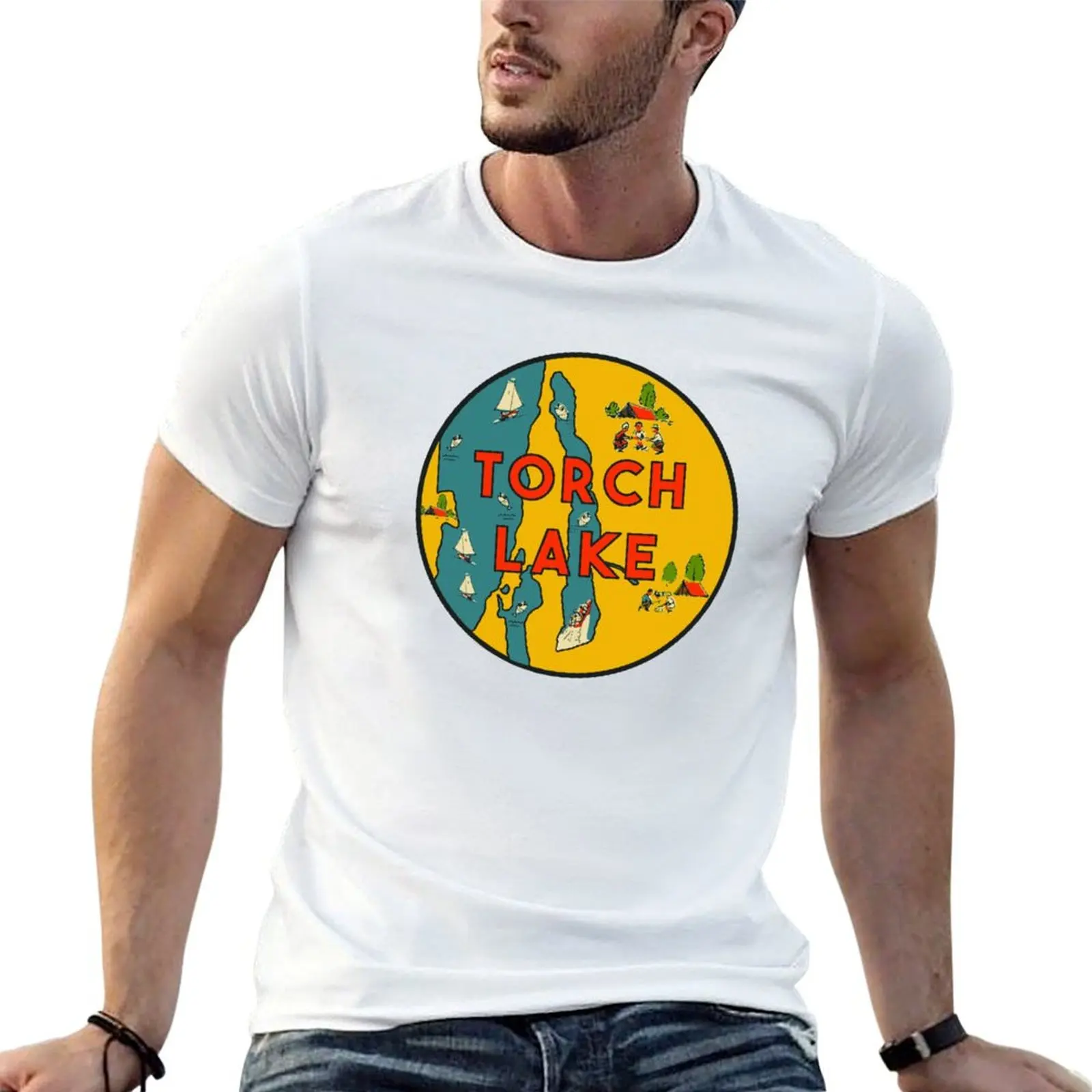 T-shirt estilo vintage Torch Lake com decalque estilo vintage do Lago Winnebago, camisetas para homem, camiseta slim fit