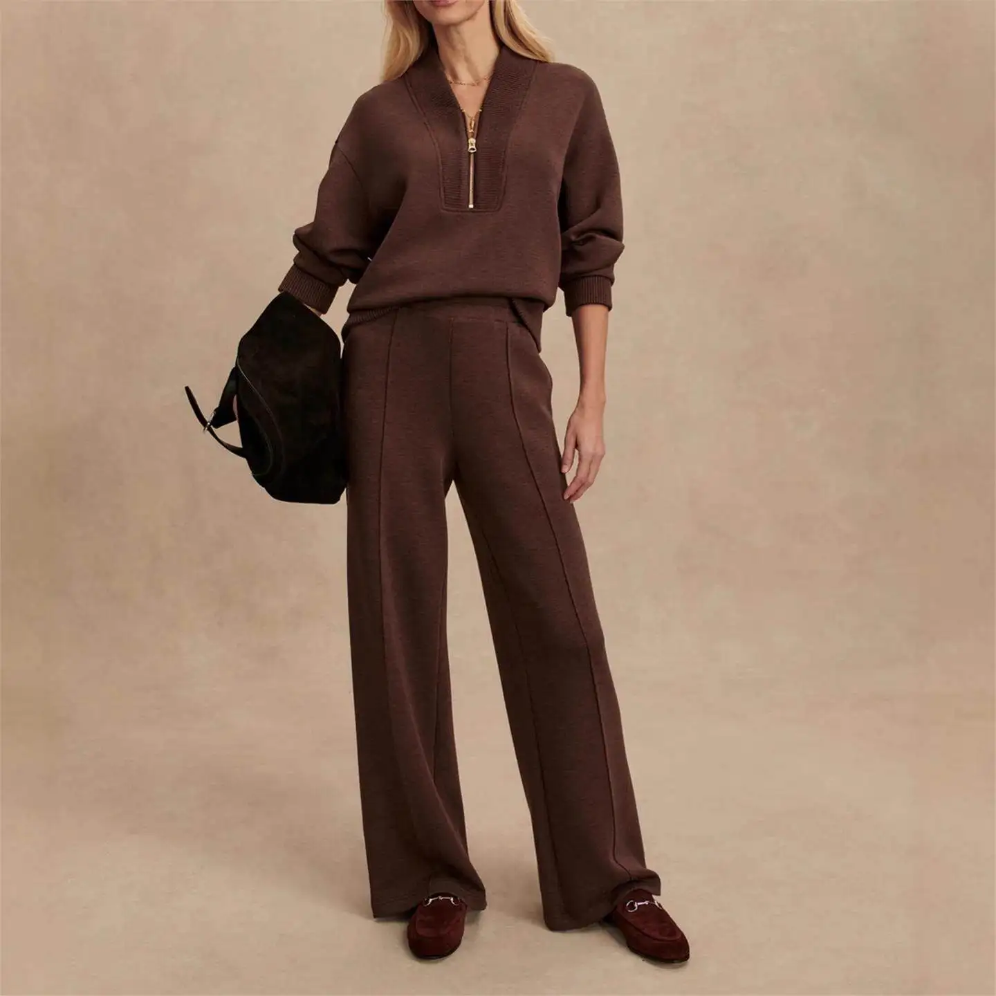 Fashionable Casual Knitted Women's Zipper Two-Piece Set Autumn 2025 New Cross-Border Simple Design Comfortable Polyester