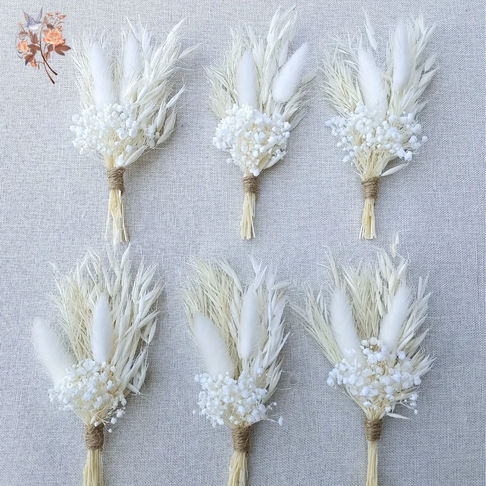 Mini Bouquet de fleurs séchées élégantes, boutonnière blanche, arrangements de mariage Boho, Corsage à broche, gâteau, décor de carte de voiture, 1/6 lots