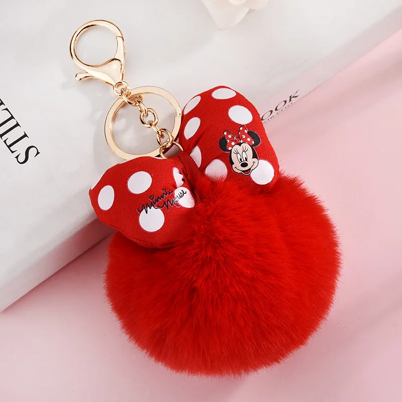 Breloczki pluszowe Disney Minnie Mickey Mouse, kreskówkowe, w kropki, z kokardką, z pomponem, zawieszka do kluczy, ozdoba do torby samochodowej, prezent dla dziewczynki, zabawka.