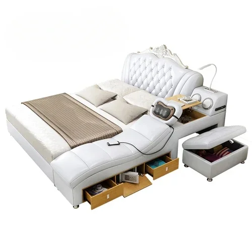 White High End Double Bed Designer European Luxury Modern Twin Bed Frame Platform Multifunctional