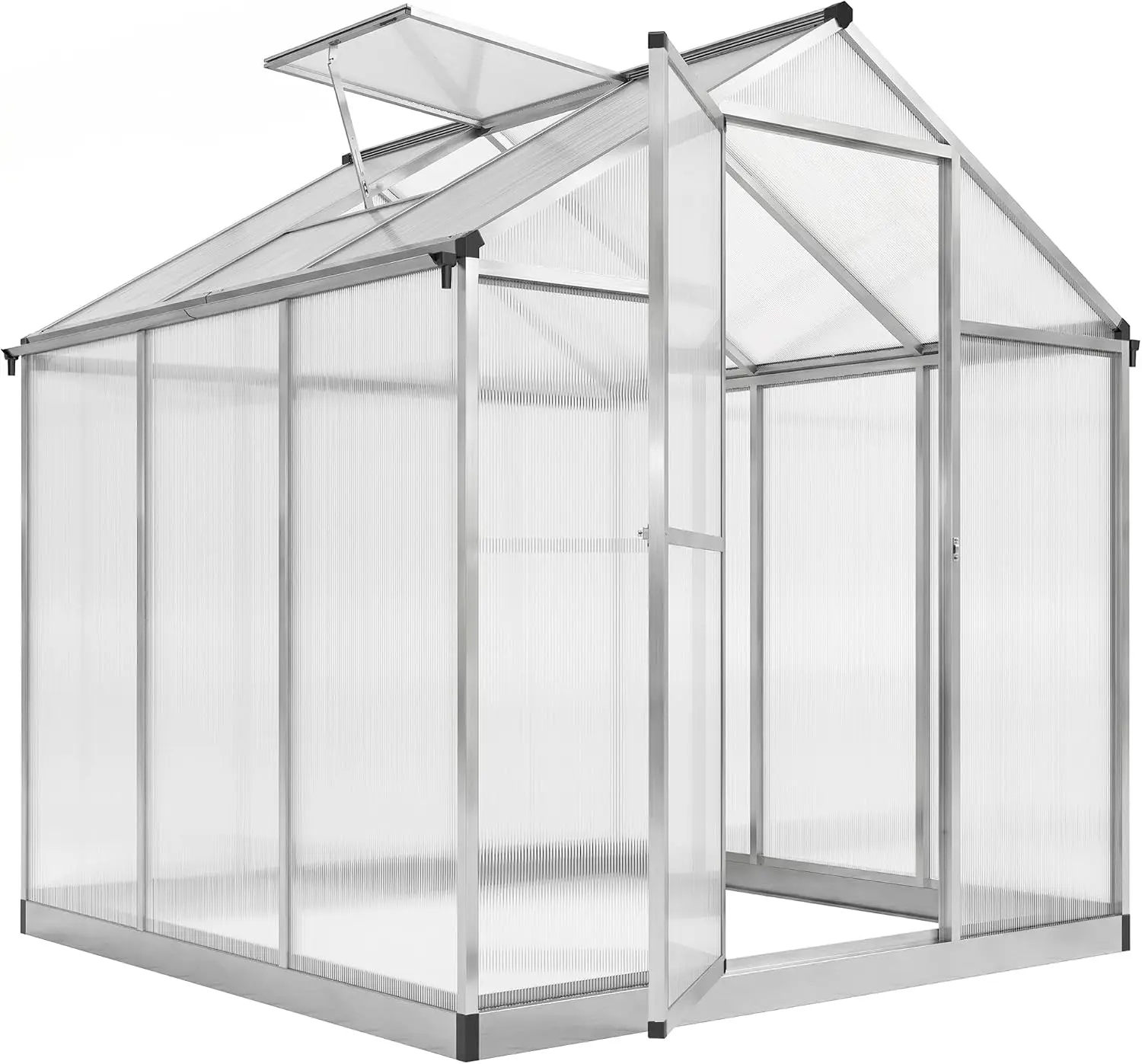 8x6 FT Polycarbonate Walk-In Aluminum Greenhouse 90% Light Transmission UV Blocking PC Panels Adjustable Roof Vent Rain Gutter Backyard Plant Shelter