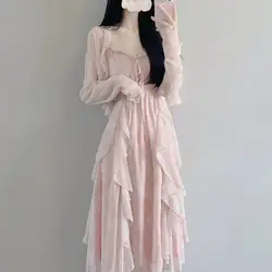 Ruffled Dress Spring Summer New Women's Sweet Sling Long Skirt Suit Fashionable Elegant Lady Clothes