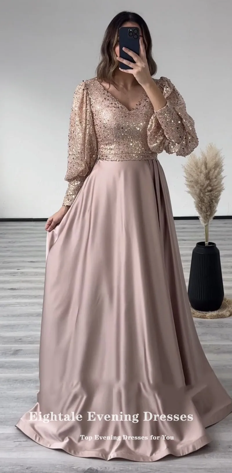 EPackage-Robe de Soirée de Luxe en Satin Rose Champagne, Col en V, Manches sulf, Ligne A, Bal Arabe, Quelle que soit la Taille