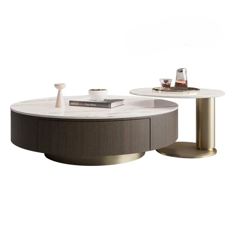 

New light luxury modern living room rock slab coffee table small apartment Nordic simple storage solid wood round
