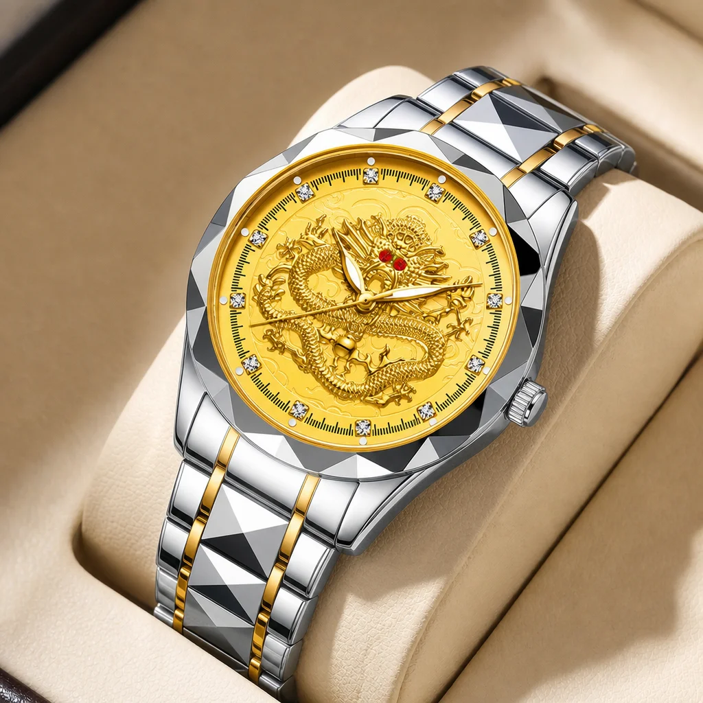 

1pcs Men's gold dial alloy strap vintage fashion dragon pattern dial details Quartz Watch for daily business party holiday